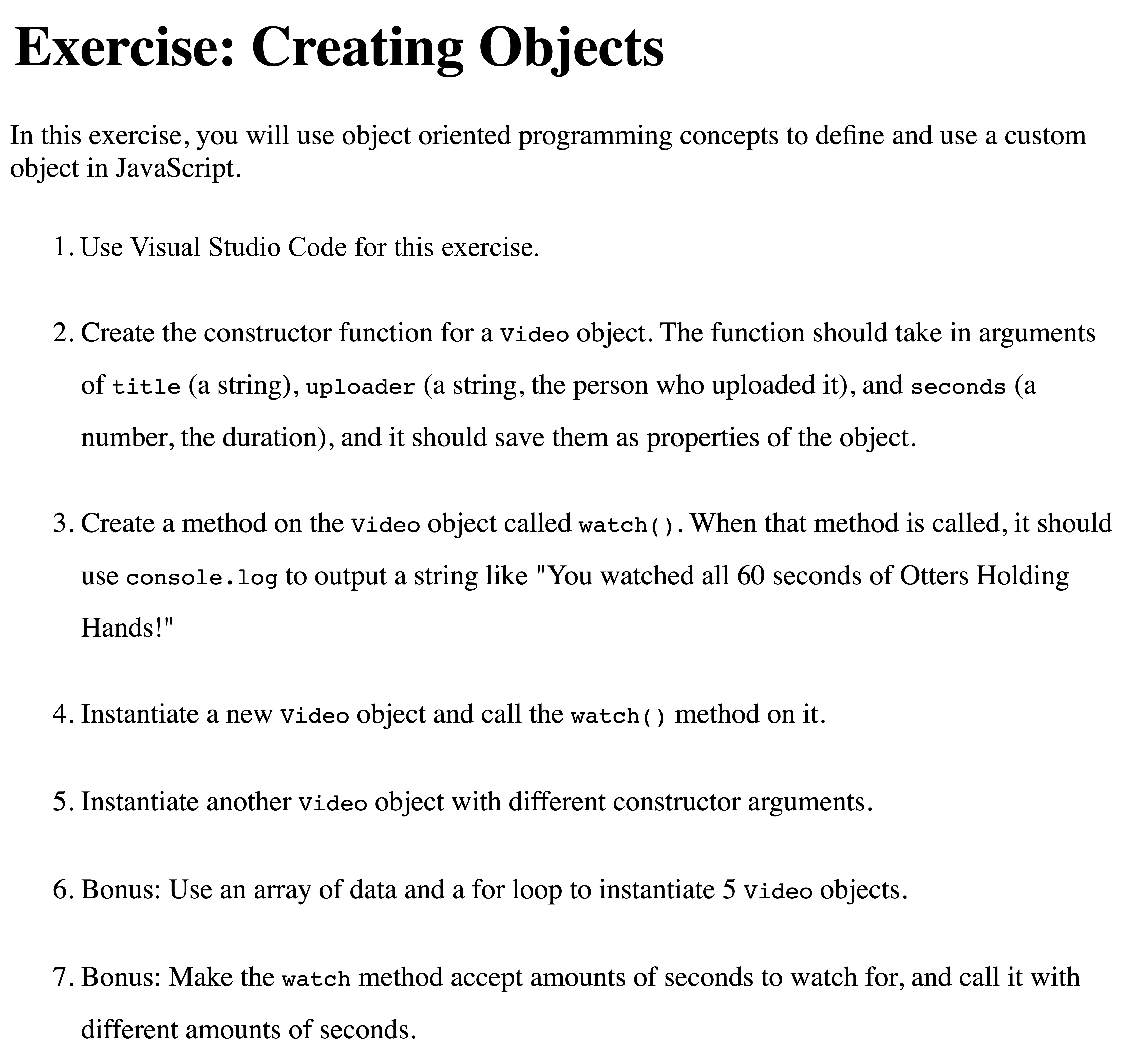 Creating Objects Exercise