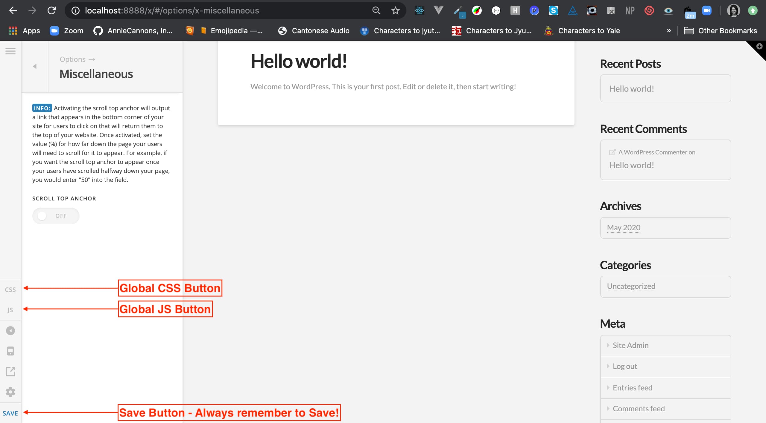 Global CSS and JS Buttons in Left Sidebar of Customizer