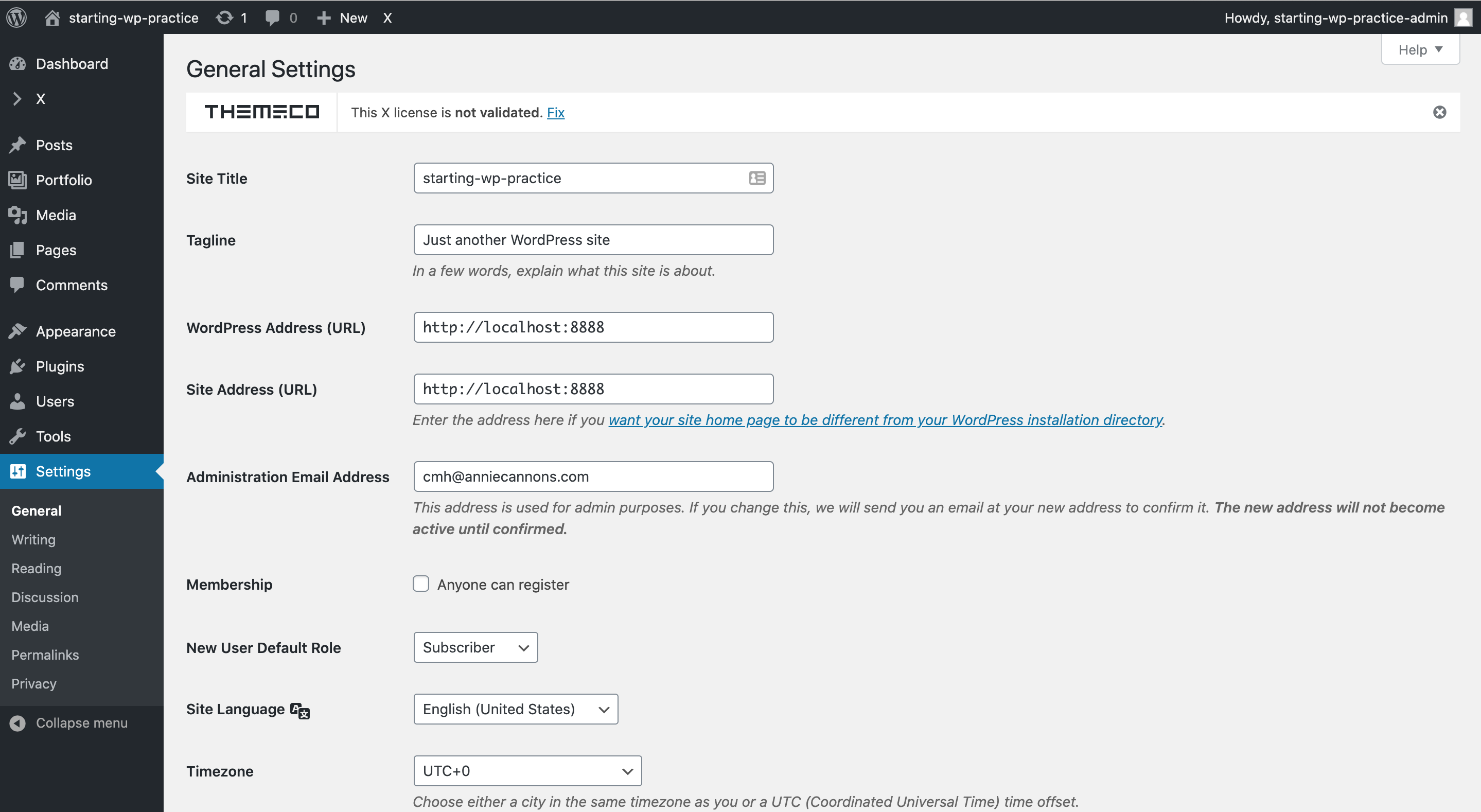 Wordpress Dashboard general settings page