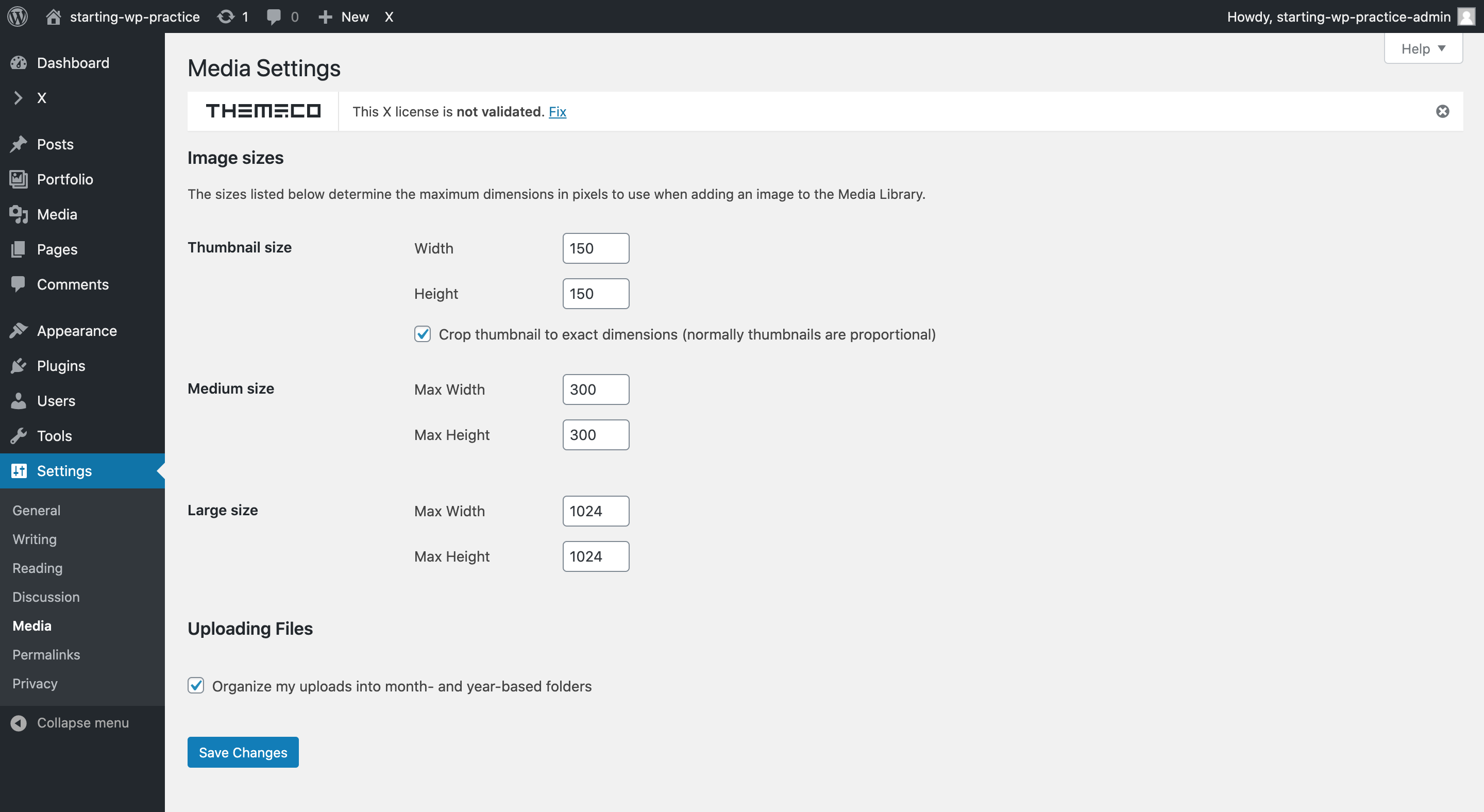 Wordpress Dashboard Media settings page
