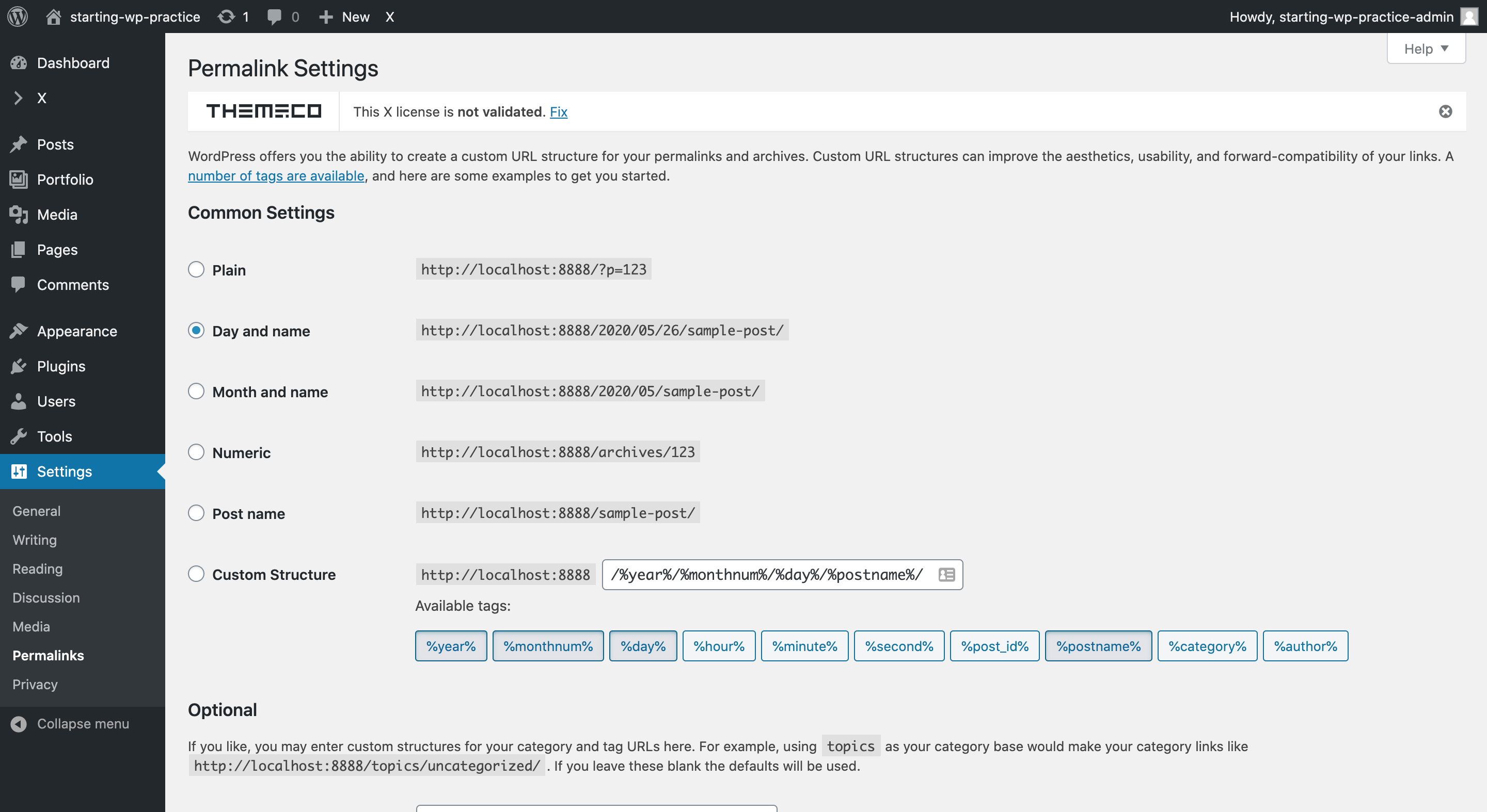 Wordpress Dashboard Permalinks settings page
