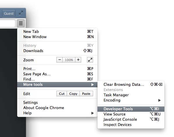 Hamburger menu > More Tools > Developer Tools | option/alt + command/control + i